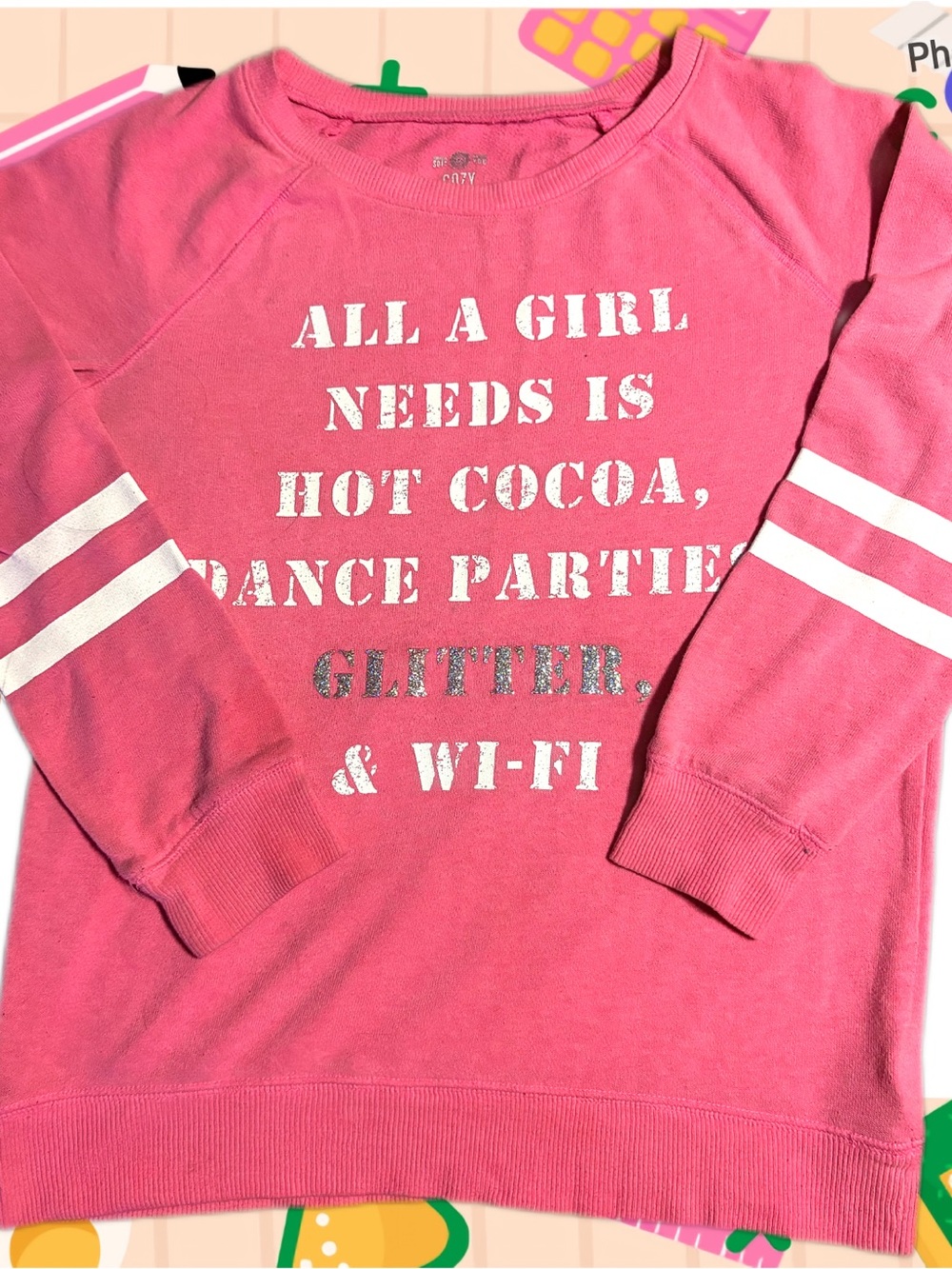 SO Pink Crewneck Sweatshirt with White Stripes & Glitter Text